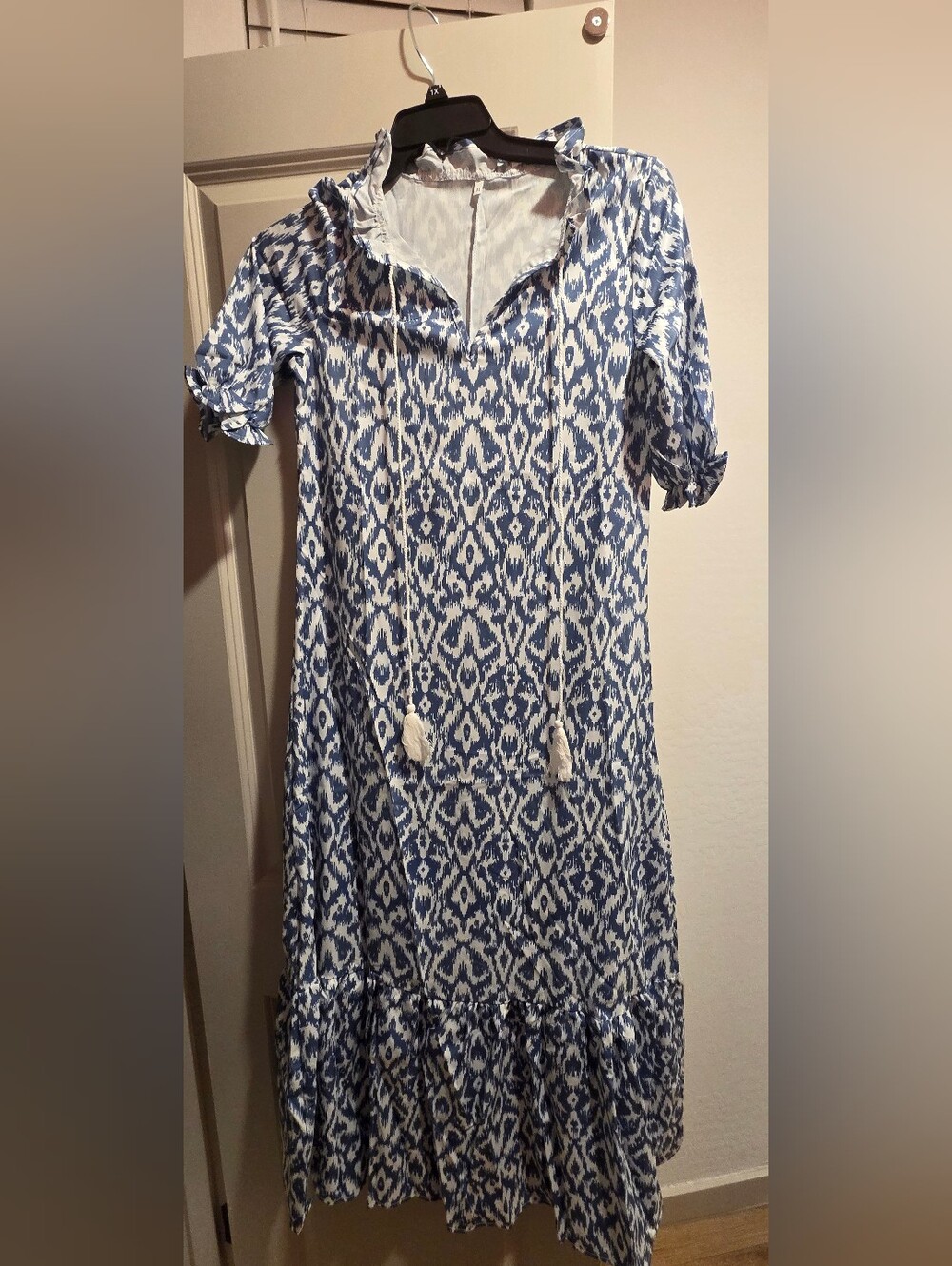 Others Follow Blue and White Ikat Maxi Dress with Tassels